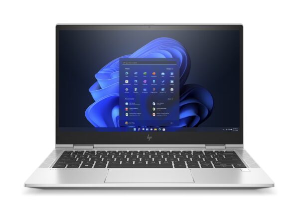 HP EliteBook x360 830 G8 Frontansicht mit Display, Tastatur und Windows 11