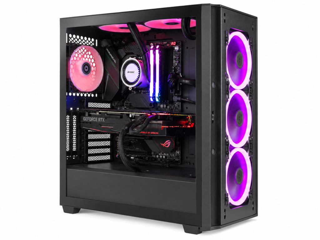 Alt-Text: Individuell konfigurierter Gaming-PC mit RGB-Beleuchtung als Beispiel für ein persönliches PC-Angebot nach Kundenwunsch.